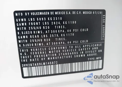 2020 Volkswagen Tiguan 2.0T Se/2.0T Se R-Line Black/2.0T Sel from USA, damaged, VIN 3VV2B7AX9LM145872